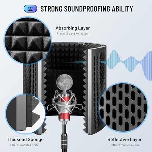 CAHAYA Microphone Isolation Shield Studio Mic Sound Absorbing Foam Professional Desktop or Mounted on Stand Recording Equipment Foldable 5-Panel Mic Isolator Panel for Condenser Microphone