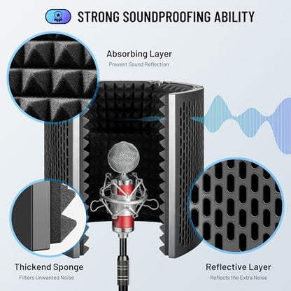CAHAYA Microphone Isolation Shield Studio Mic Sound Absorbing Foam Professional Desktop or Mounted on Stand Recording Equipment Foldable 5-Panel Mic Isolator Panel for Condenser Microphone