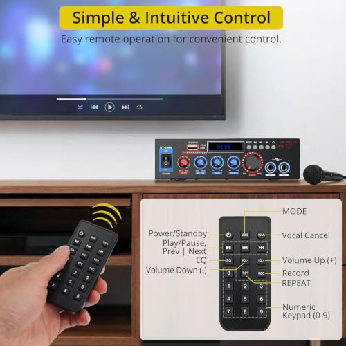 PROZOR 800W Bluetooth 5.0 Stereo Audio Amplifier, 2 Channel Home Audio Receiver with FM Radio, USB, SD/TF Card, AUX, Dual Mic Inputs, HiFi Power Amplifier for Passive Speakers, Home Theater, Car Audio