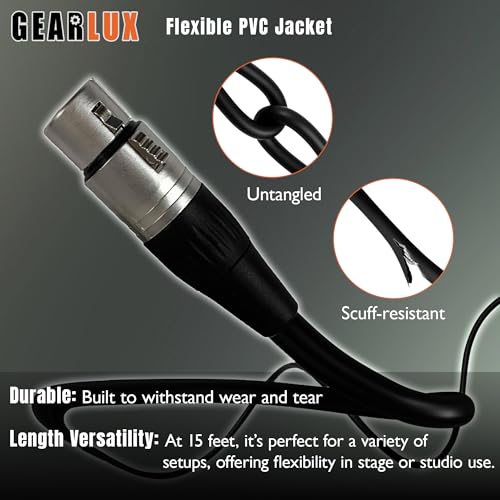 Gearlux XLR Microphone Cable, Fully Balanced, Male to Female, 15 Feet - 3 Pack - size: 15 Ft, style: 3 Pack
