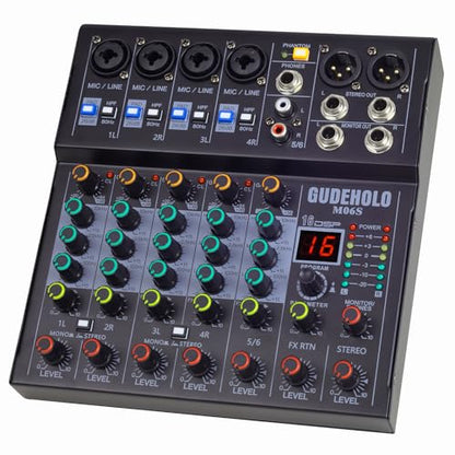 6-Channel Stereo Audio Mixer with Stepped Knobs, Mini Sound Board with 2 True Stereo Inputs, Mono/Stereo Switch, Precise Detented Pots, 16 DSP Effects, 48V Phantom for Keyboards, Studio