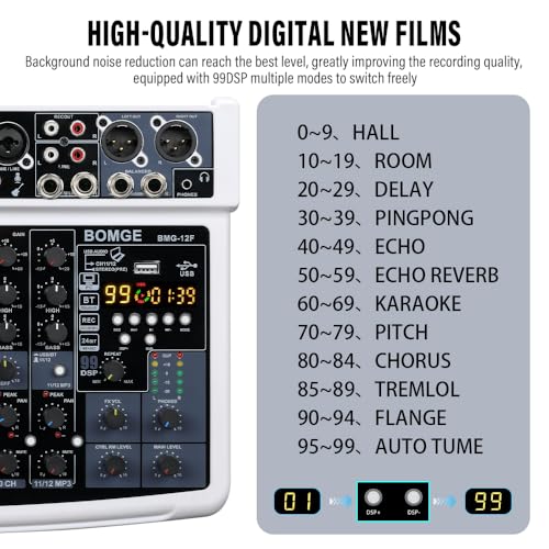 BOMGE 12 Channel Professional Audio Mixer, Bluetooth Studio Mixer with USB, 48V Power, XLR/RCA Inputs, 99 DSP Effects For Professional and Beginners (12F-W)