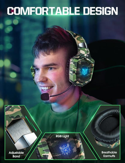 Nanddi Gaming Headset with Microphone, Gaming Headphones for PS4 PS5 Xbox One PC with LED Lights, PlayStation Headset with Noise Reduction 7.1 Surround Sound Over-Ear and Wired 3.5mm Jack (Green) - color: Camo Green