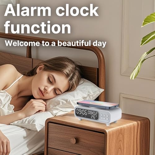 IHAO 5in1 Alarm Clock with Wireless Charging Night Light 15W Fast Charger for Phone and Headphone, LED Digital Display with Date & Temperature, Dimmable for Bedroom & Office-D15 Clock White - color: Wireless Charger Alarm Clock D15 Clock White