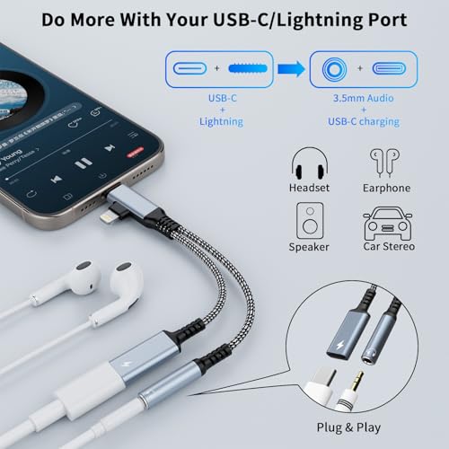 2 in-2 Lightning USBC to 3.5mm Headphone and Charger Adapter, [MFi Certified] USB C to Aux Audio Jack with PD 60W Fast Charging Dongle, Headphone Adapter for iPhone 16/15 14/13, Galaxy, Pixel (Blue)