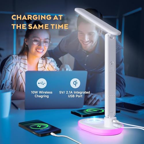 IHAO Luxury Multifunctional LED Desk Lamp10W Qi Wireless Charger Digital Alarm Clock Ambient Light & Temperature Display Adjustable Eye-Care Table Lamp with Leather Texture Design Table Lamp-U20 White - color: Table Lamp UL-U20 White