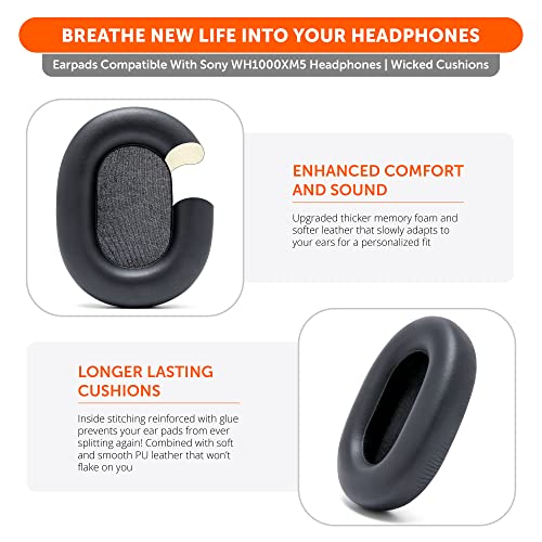 WC PadZ XM5 - Premium Replacement Earpads Compatible with Sony WH-1000XM5 | Made by Wicked Cushions | Soft PU Leather, Extra Thick, Noise-Isolating Memory Foam | Black - color: Black