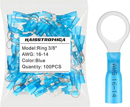haisstronica 100PCS Heat Shrink Ring Terminals, 16-14 AWG, 3/8 in, Blue | Battery and Ground Stud Connections, 0.7 mm Copper Barrel, 3:1 Adhesive-Lined Seal, Automotive Wiring Repairs, Ring Connector - color: Blue, size: Ring 3/8"