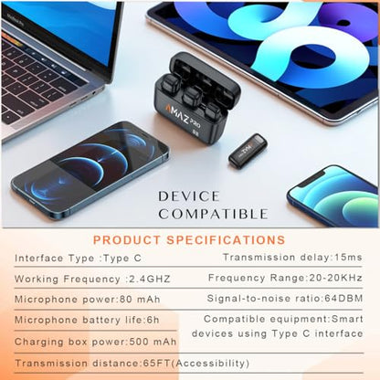 Amazpro Wireless Lavalier Microphone for iPhone 15,Android Phone,Laptop,2 Pack Mini Microphone with Charging Case,Professional Noise Reduction,for Video Vlog,Youtuber,TikTok,Instagram,Interview,USB-C