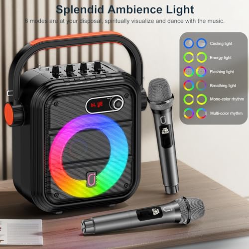 JYX Karaoke Machine with 2 Wireless Microphones, Portable Bluetooth Speaker PA System with Shoulder Strap, RGB Lights, Subwoofer Support TWS, USB, Radio, AUX, REC, Bass&Treble for Home Party/Adults - color: Glossy Black