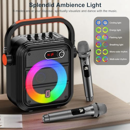 JYX Karaoke Machine with 2 Wireless Microphones, Portable Bluetooth Speaker PA System with Shoulder Strap, RGB Lights, Subwoofer Support TWS, USB, Radio, AUX, REC, Bass&Treble for Home Party/Adults - color: Glossy Black
