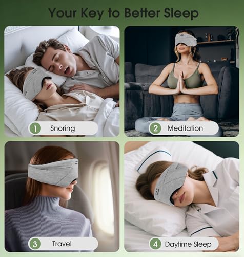 Sleep Mask with Headphones Bluetooth 5.4, TOPOINT Blackout Eye Mask for Sleeping Headphones Earphones with Soft Bamboo Cotton Cooling Breathable, HD Stereo Speaker for Side Sleepers Women Men Travel - color: Gray