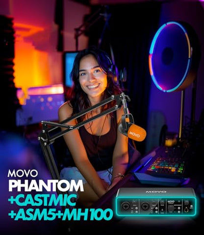 Movo Podcasting Equipment Bundle - Phantom USB Audio Interface, 2 CastMic XLR Dynamic Microphones, 2 Boom Arms and Headphones - Complete Studio Setup for Professional Podcasting and Streaming - style: with 2 Microphones, Boom Arms, Headphones