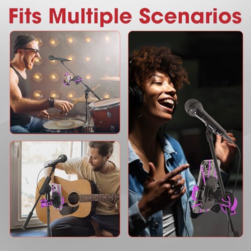Crescendo CR-30 SlimClip Mic Stand Phone Holder, iPhone Clamp Mount, Pole Phone Mount, Microphone, Music or Drum Stand, Mic/Phone Clip - for iPhone, Samsung Galaxy, Pixel, Any Smartphone (Purple) - color: Purple