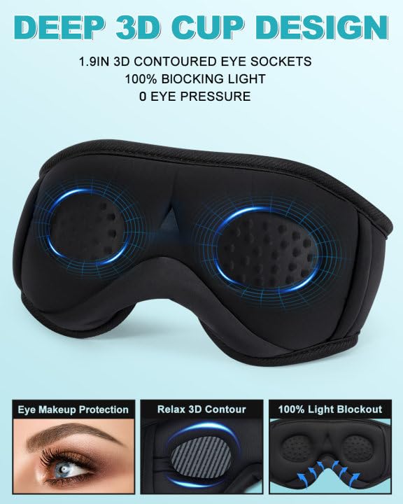 LC-dolida Sleep Headphones, 3D Sleep Mask Bluetooth Wireless, Sleeping Headphones for Side Sleepers Sleep Eye Mask Music Weighted Sleeping Mask Meditation Gifts for Men Women (Obsidian Black) - color: Obsidian Black