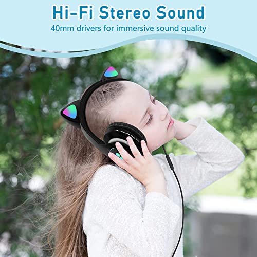 Kids Bluetooth Wireless Over-Ear Cat Ear Headphones with Microphone for Kids Teens Adults (Black) | Over Ear Headphones for Girls/Teenagers/Adults - color: Pure Black