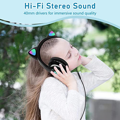 Kids Bluetooth Wireless Over-Ear Cat Ear Headphones with Microphone for Kids Teens Adults (Black) | Over Ear Headphones for Girls/Teenagers/Adults - color: Pure Black