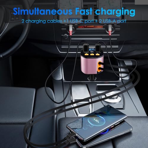 Retractable Car Charger,5 in 1 Fast Car Phone Charger 90W,Bluetooth 5.3 FM Transmitter Adapter,Handsfree Call,2 Retractable Cables and USB Cars Chargers for iPhone 17/16/15/14/13/Galaxy/Pixel - color: Pink