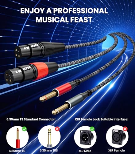 Dual 1/4 inch TS Male to Dual XLR Female Cable, 5FT | Nylon Braided 2 XLR Female to Dual 6.35mm TS Mono Y Splitter, Gold-Plated Audio Patch Cable for Speaker Mixer Microphone - size: 5FT