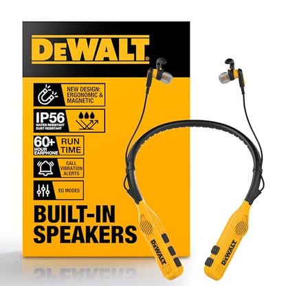 DEWALT Heavy Duty 2-in-1 Neckband Bluetooth Headphones w/Built-in Speakers, Jobsite Wearable Speaker & Around Neck Headphones, Wireless Bluetooth Headset, 60+ Hrs Hands-Free Music/Calls, Carry Pouch - color: Yellow and Black