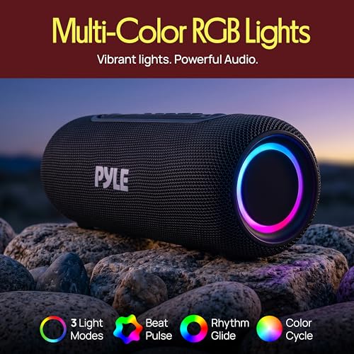Pyle Portable Bluetooth Speaker - RGB LED, IPX5 Waterproof, TWS Stereo Pairing, USB/AUX/FM, Built-in Mic, USB-C Charging, 7H Battery, Shoulder Strap - Party, Outdoor, Travel, Home - PBTPSP25BK