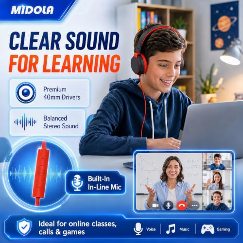 MIDOLA Volume Limited 85/110dB Kids Headphone Over-Ear/On-Ear Foldable Sound Noise Protection Headset with Inline AUX 3.5mm Cord w/Mic for Child School Cellphone Pad PC Notebook Black | Adjustable Headband Foldable Over-Ear Lightweight for Toddler Girls B