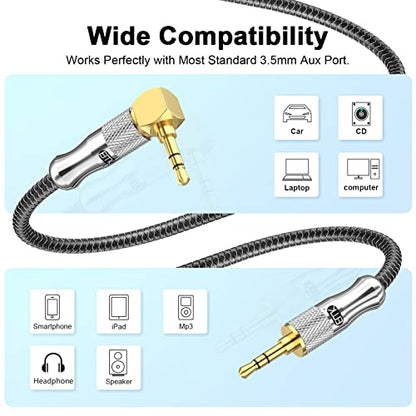 EMK Right Angle Aux Cord, 90 Degree 3.5mm Audio Cable Stereo Male to Male – Nylon Braided, Gold-Plated for Car, Home Stereo, Headphones – 5 Feet (1.5M) - size: 5 Feet, style: 90 to Straight 3-Pole (Audio Only)