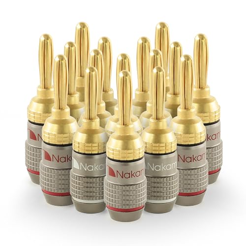 Nakamichi FanLock Excel Series 24k Gold Plated Banana Plugs, 10-18 AWG | Gauge Size 4mm for Speakers Amplifier Hi-Fi Stereo Radio AV Receiver Audio Wire Cable Quick Connector, 16 Pcs (8-Pairs) - size: 16 Pcs (8-Pairs)