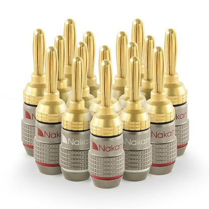 Nakamichi FanLock Excel Series 24k Gold Plated Banana Plugs, 10-18 AWG | Gauge Size 4mm for Speakers Amplifier Hi-Fi Stereo Radio AV Receiver Audio Wire Cable Quick Connector, 16 Pcs (8-Pairs) - size: 16 Pcs (8-Pairs)