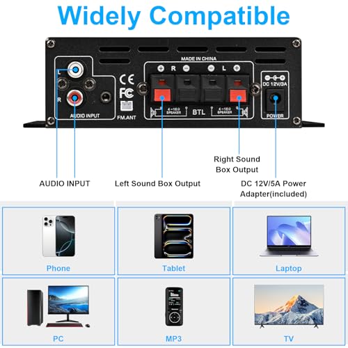Romicta Stereo Audio Amplifier, 2.0 CH Mini Home Audio Bluetooth 5.0 Stereo Receivers with 400W, FM, AUX, USB, Microphone Input, 12V 5A Power Supply, Power Amplifier for Car Home Bar Party