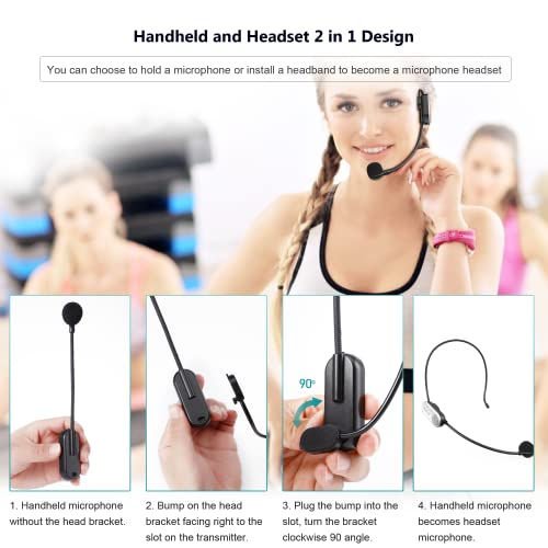 Bietrun UHF Wireless Microphone Headset, 165ft Range, Working Time 6H, 1/4''Plug, Wireless Headset Mic ＆Handheld Mic 2 in 1, for Karaoke Speaker, Amplifier, Speakers, PA System, Teaching, Fitness - color: White