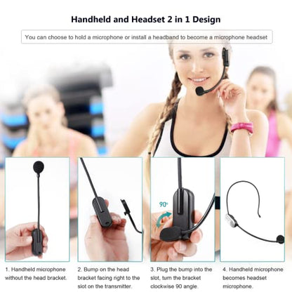Bietrun UHF Wireless Microphone Headset, 165ft Range, Working Time 6H, 1/4''Plug, Wireless Headset Mic ＆Handheld Mic 2 in 1, for Karaoke Speaker, Amplifier, Speakers, PA System, Teaching, Fitness - color: White