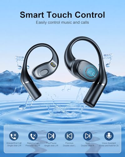 Open Ear Earbuds,Lightweight Comfort Wireless Earbuds with Earhooks,40H Playtime Powerful Sound AI Clear Calls Sport Bluetooth Earbuds Waterproof for Running Office Fitness(Black) - color: Black