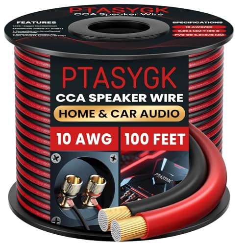 10 Gauge Speaker Wire 100ft 2-Conductor CCA Home & Car Audio | Speaker Cable for Clean Audio Transmission & 1ft Printed Marks, Red/Black Polarity, Flexible PVC for Wall & Car Audio - size: 100FT, style: 10GAUGE