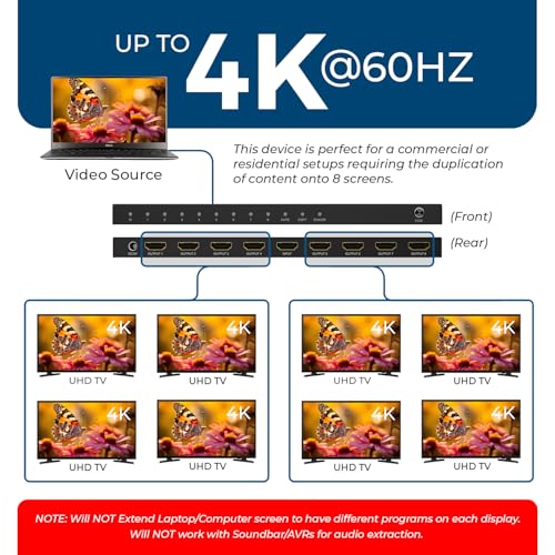 OREI 4K 1 in 8 Out HDMI Splitter 4:4:4 8-bit - HDMI 2.0, HDCP 2.2, 18 Gbps, 4K @ 60Hz HDMI Duplicator/Distributor UltaHD High Resolution (1x8) | OREI 4K 1 in 8 Out HDMI Splitter 4:4:4 8-bit - HDMI 2.0, HDCP 2.2, 18 Gbps, 4K@60Hz HDMI Duplicator UltaHD Hig