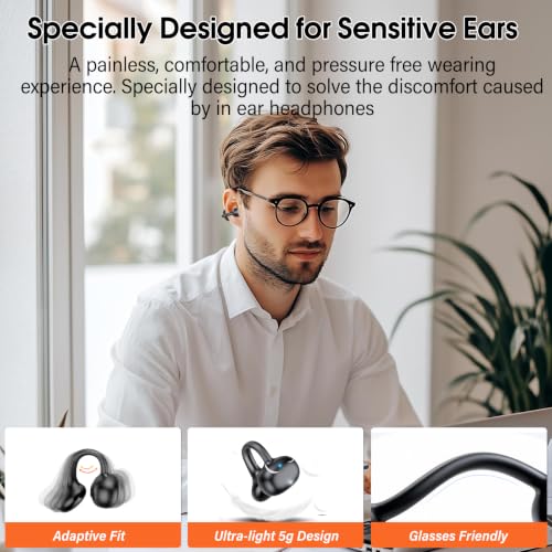 Clip-On Open Ear Earbuds Wireless Bluetooth 6.0 with Heart Rate Monitor | 72H HiFi Stereo Ear Buds with Zemyee Life App, 6 EQ Modes, Full-Area Tap Control Running Headphones for Sport/Work,Black