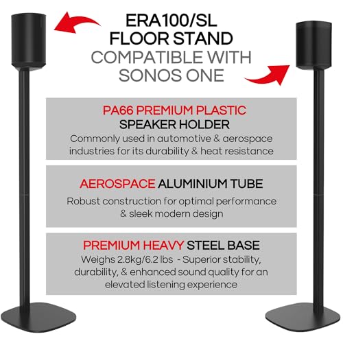 ERA 100 Floor Stand, Twin (2pcs), Black, Double, Pair | Compatible with Sonos ERA100 & ERA 100 SL, Sonos ONE & Play:1 Speakers, Accessories Included. UK Design, Height 36in / 920mm - color: Black