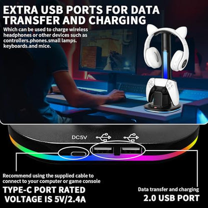 PS5 Controller Charging Dock with RGB Headphone Stand | 2-in-1, Dual USB Fast Charging Station, RGB LED Gaming Headset Stand, Multi-Functional Gaming Accessories