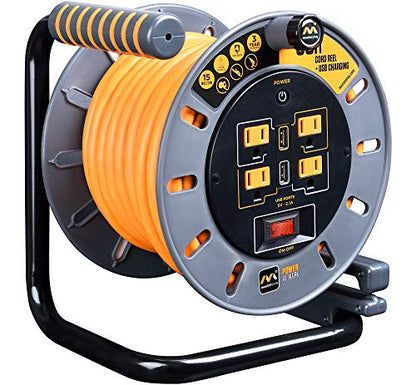 Masterplug 50ft Cord Reel, Retractable Extension Lead with Winding Handle, Safety Overload Circuit Breaker and Power Switch, 4x Grounded Outlets, 2x USB Ports, 15amps, 12AWG Cable - size: 50ft, style: 12 AWG