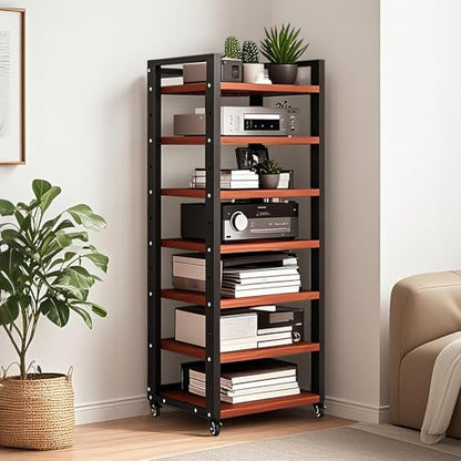 7 Tier Av Media Stand With Wheels, 55in Adjustable Audio Rack - color: Black + Teak