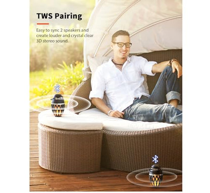 2 Pack Outdoor Bluetooth Speakers with Flame Flickers Light IPX5 Waterproof