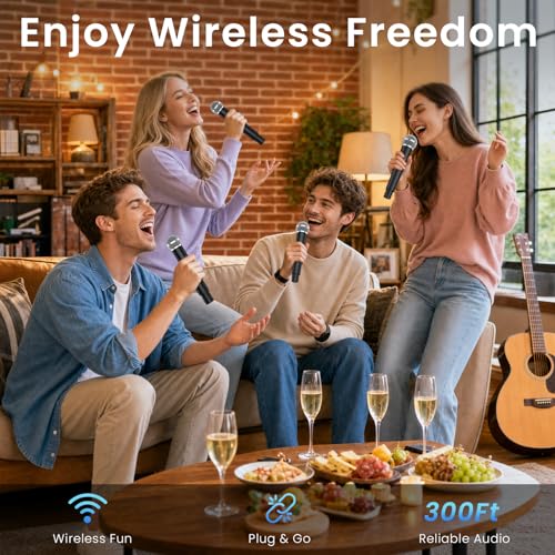 Gritto 4-Channel Wireless Microphone System,Fixed Frequency Metal Cordless Mic,300FT Range, Dynamic Handheld Mics with Stable Signal Transmission for Karaoke Singing Party Church Wedding DJ