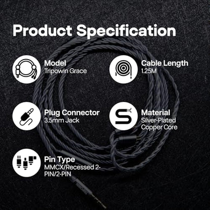 Tripowin Grace Silver-Plated 2Pin OFC IEM Replacement Cable with Mic | 3.5mm Jack, Tangle-Free Braided, Ergonomic Earhooks, One-Button Control, Extension Cord for Wired Earbuds (MMCX) - style: MMCX