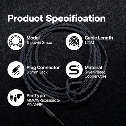 Tripowin Grace Silver-Plated 2Pin OFC IEM Replacement Cable with Mic | 3.5mm Jack, Tangle-Free Braided, Ergonomic Earhooks, One-Button Control, Extension Cord for Wired Earbuds (Recessed 2PIN) - style: Recessed 2PIN