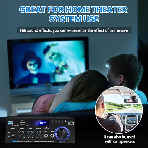 Bluetooth 5.0 Audio Amplifier Receiver AK45 HiFi Stereo Mini Power Amps | RMS 40W x 2 Max. 600W 2.0 Channel Home Theater Audio Components Speakers Amp W/MIC,USB, RCA,FM Radio - color: AK-45(2.0CH 40W+40W RMS)