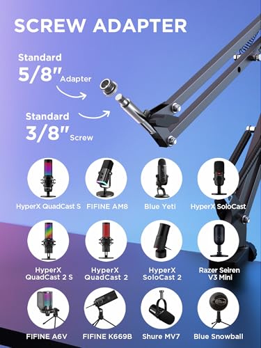 InnoGear 마이크 암, 업그레이드된 마이크 암 마이크 스탠드 붐 서스펜션 스탠드, 1cm(3/8 인치)에서 1.9cm(5/8 인치) 나사 어댑터 클립, 블루 Yeti Snowball, HyperX QuadCast, Yeti x 및 기타 마이크용, 라지 | 책상 마운트, 데스크탑 스탠드, 조절 가능한 범위, 완전히 회전, 컴팩트하게 접힘, 게임, 스트리밍 또는 녹화용 - color: 블랙., style: 확장 마이크 암