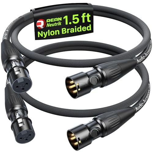 Short XLR Cables 1.5ft 2 Pack, Gold-Plated Rean Connectors from Neutrik, Kevlar-Reinforced Nylon Braided Microphone Cable, Mic Cable, Durable Shielded and Balanced XLR Male to Female Cord | Neutrik REAN Gold-Pin Connector, Kevlar-Reinforced Heavy Duty Nyl