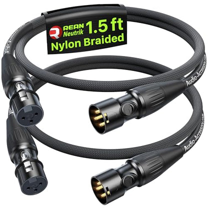 Short XLR Cables 1.5ft 2 Pack, Gold-Plated Rean Connectors from Neutrik, Kevlar-Reinforced Nylon Braided Microphone Cable, Mic Cable, Durable Shielded and Balanced XLR Male to Female Cord | Neutrik REAN Gold-Pin Connector, Kevlar-Reinforced Heavy Duty Nyl