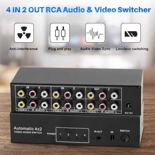 4-Way Composite AV RCA Switcher, 4 in 2 Out Automatic Switch Box | Video L/R Audio Selector 4x2 4 Port AV Selector RCA Switch for HDTV LCD DVD STB Game Consoles (4 in 2 Out) - size: 4 IN 2 OUT