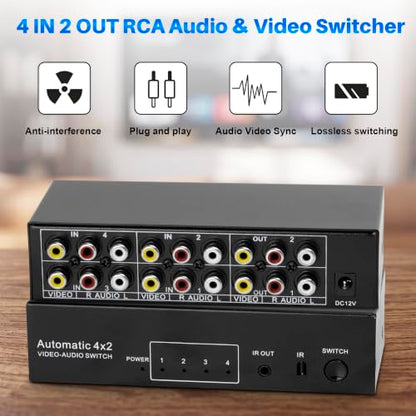 4-Way Composite AV RCA Switcher, 4 in 2 Out Automatic Switch Box | Video L/R Audio Selector 4x2 4 Port AV Selector RCA Switch for HDTV LCD DVD STB Game Consoles (4 in 2 Out) - size: 4 IN 2 OUT